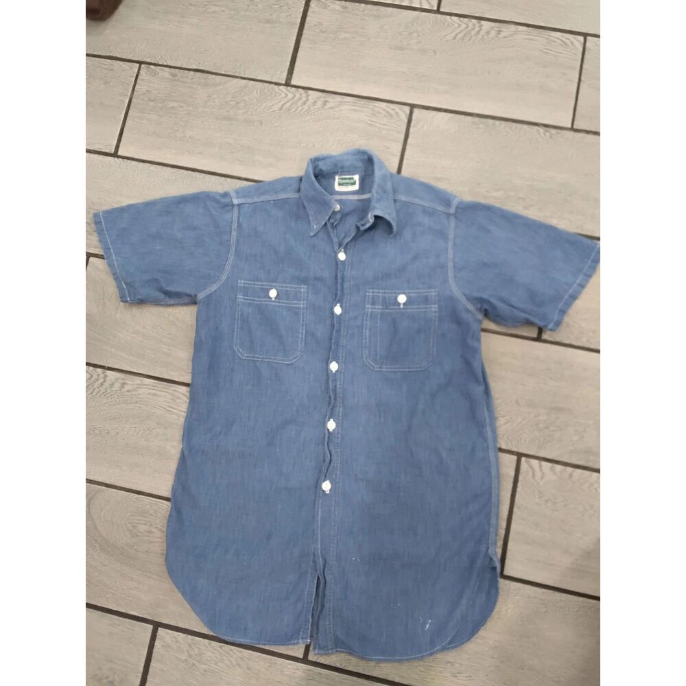 Vtg Homesteader Montgomery Ward Blue Chambray Work Shirt 50s Short sleeve Mens M
